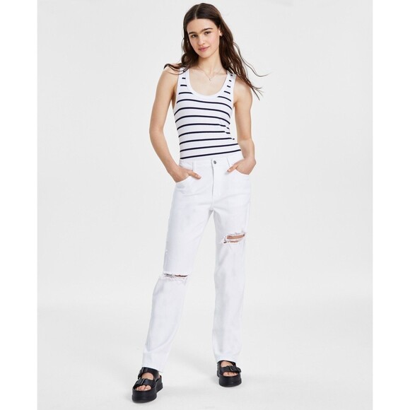 Tinseltown Juniors' Relaxed Ripped Straight-Leg Jeans - White Deco, 13 - Picture 1 of 4